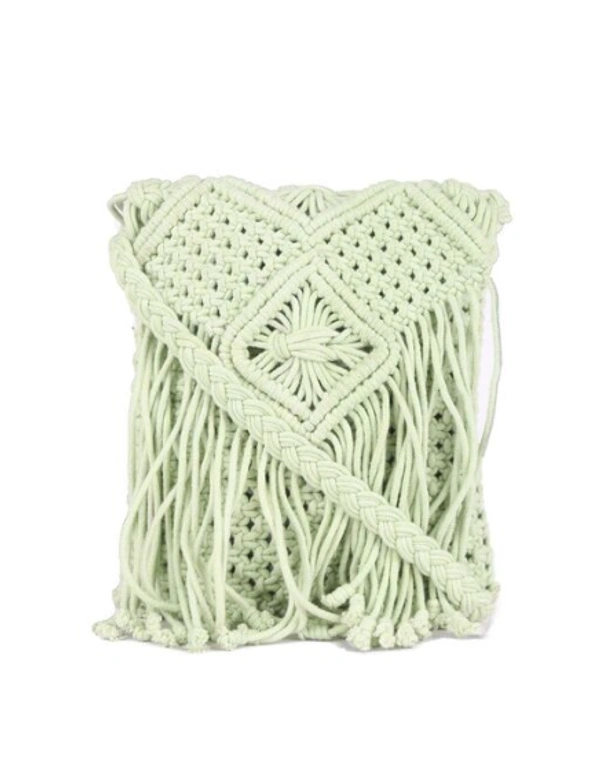 ASTRID Green Macrame Sling Bag With Flapover Fringes - Free Size, Green, Macrame, Pack of1